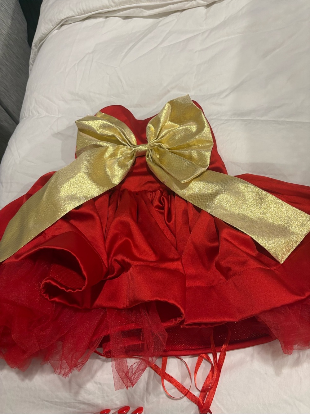 Girls Red Holiday Party Dress with Gold Bow Accent